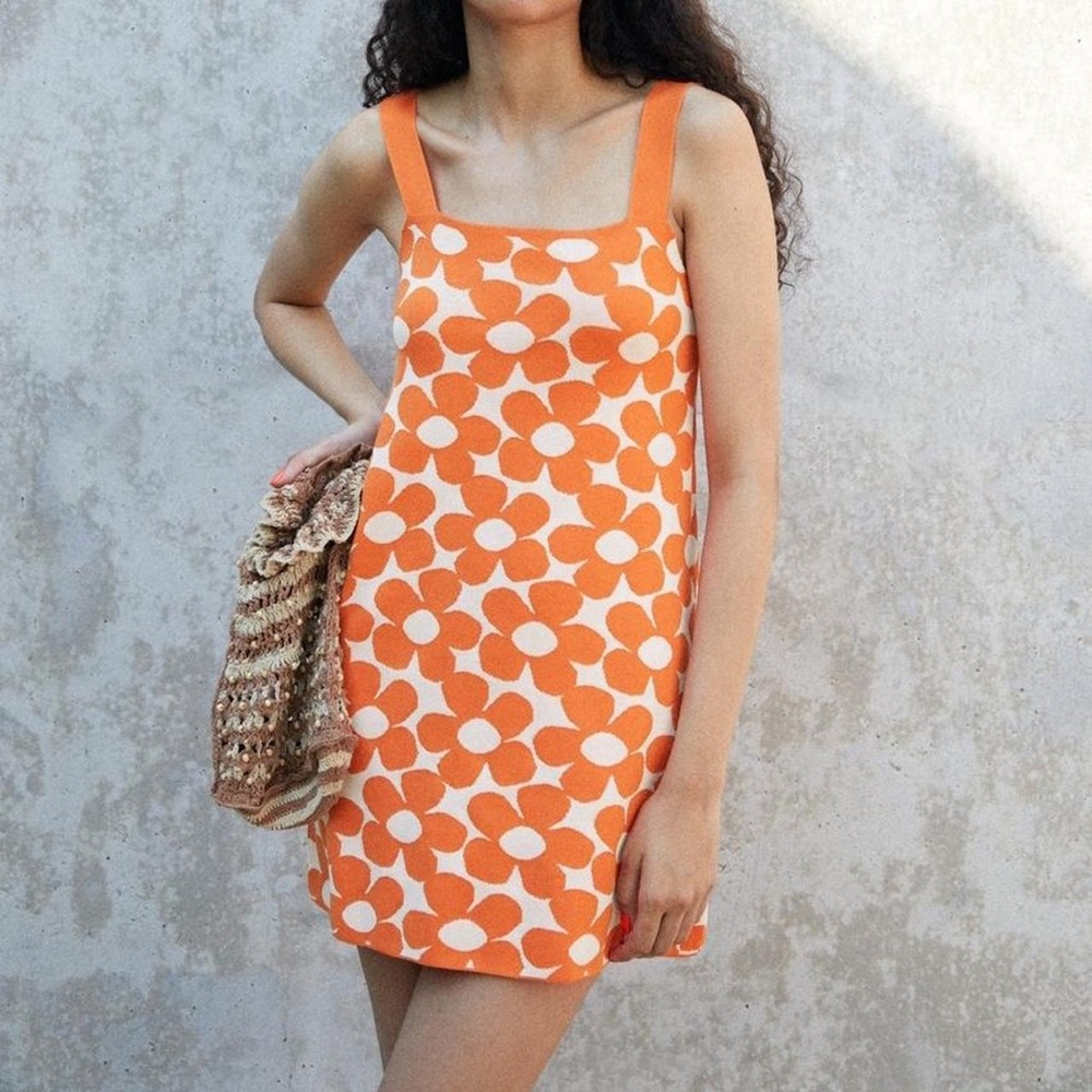 Zara Orange Floral Mini Dress Retro 70s Knit Hippie Costume Halloween